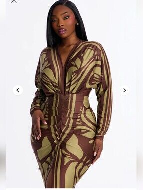 Fashion Nova Olive & Brown V-Neck Ruched Bodycon Dress
